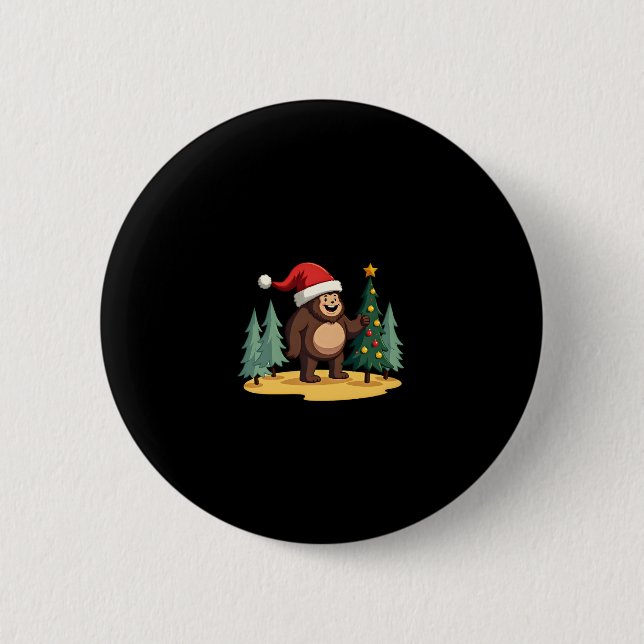 Bigfoot Christmas Tree Santa Hat (1) Button (Front)