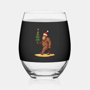 Bigfoot Christmas Tree Santa Hat (1) Stemless Wine Glass