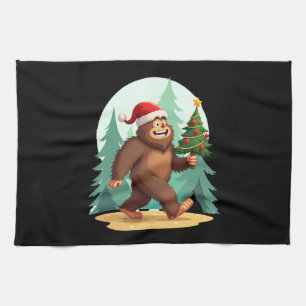 Bigfoot Christmas Tree Santa Hat (2) Kitchen Towel