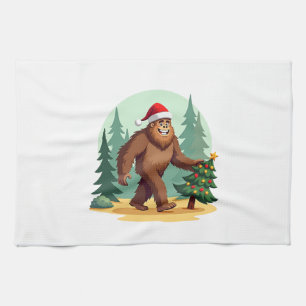 Bigfoot Christmas Tree Santa Hat (3) Kitchen Towel