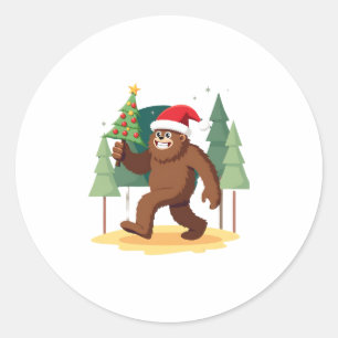 Bigfoot Christmas Tree Santa Hat (4) Classic Round Sticker