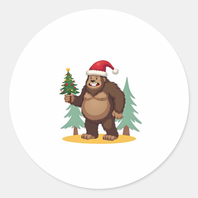Bigfoot Christmas Tree Santa Hat (4) Classic Round Sticker (Front)