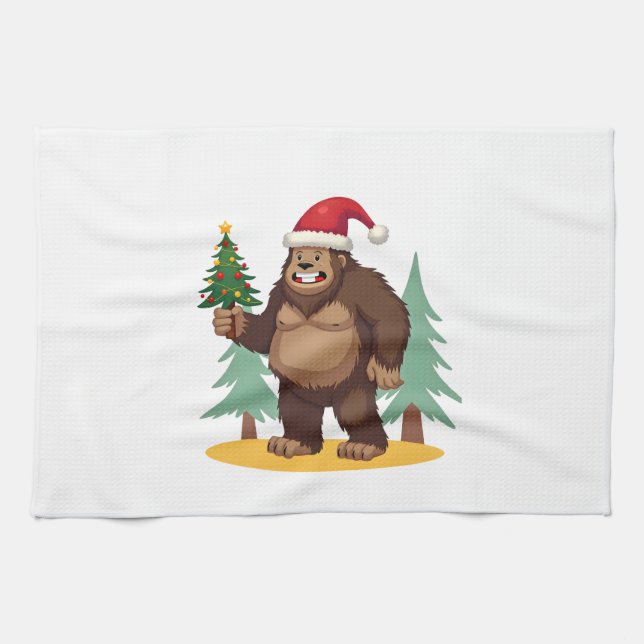 Bigfoot Christmas Tree Santa Hat (4) Kitchen Towel (Horizontal)