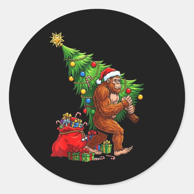 Bigfoot Christmas Tree Xmas Lights Funny Sasquatch Classic Round Sticker (Front)