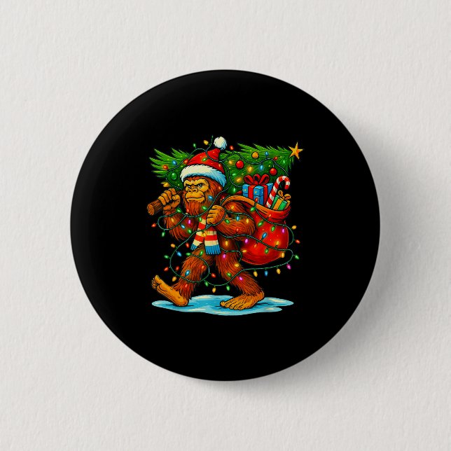 Bigfoot Christmas Tree Xmas Sasquatch Funny Lights Button (Front)