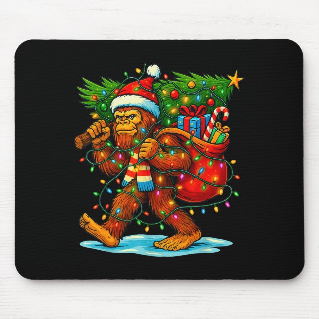 Bigfoot Christmas Tree Xmas Sasquatch Funny Lights Mouse Pad (Front)