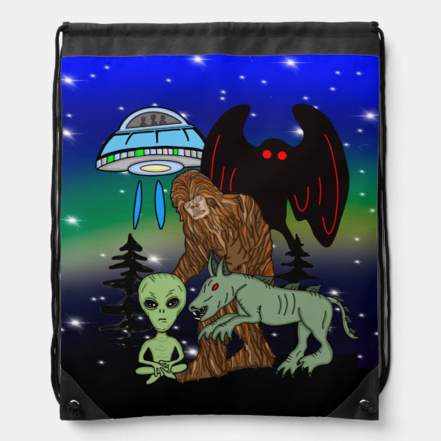 Bigfoot, Chupacabra, Mothman, UFO, Alien Cryptids  Drawstring Bag (Front)