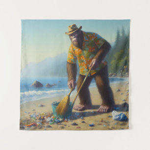 Bigfoot Cleaning the Beach Tapestry