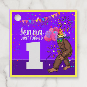 Bigfoot cute kids birthday card personalize age favor tags