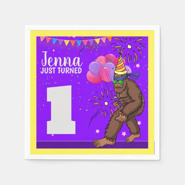 Bigfoot cute kids birthday card personalize age napkins (Front)