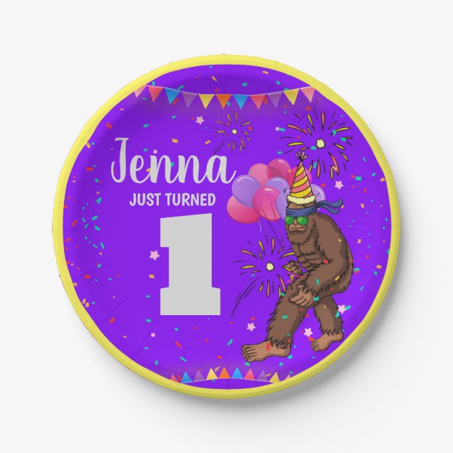 Bigfoot cute kids birthday card personalize age paper plates (Front)