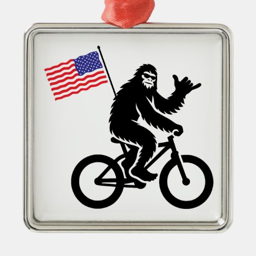 Bigfoot Cycling American Flag Metal Ornament