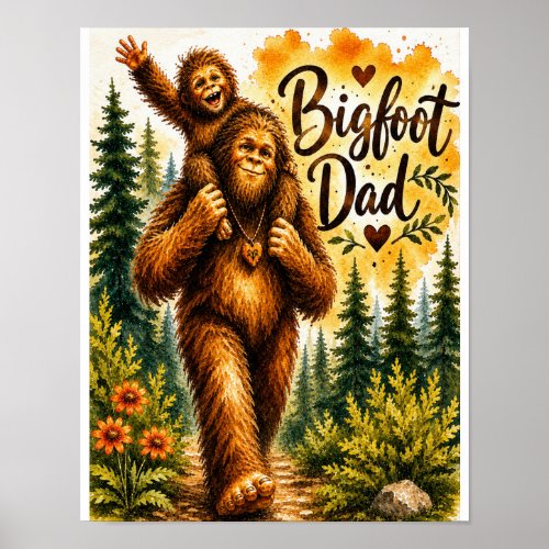 Bigfoot Dad Watercolor Sasquatch Father Forest Poster