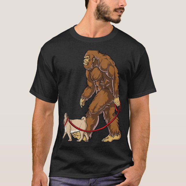 Bigfoot Dog Walk Pug Men Women Sasquatch Lover Gif T-Shirt (Front)