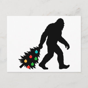 Bigfoot Dragging Christmas Tree  Holiday Postcard