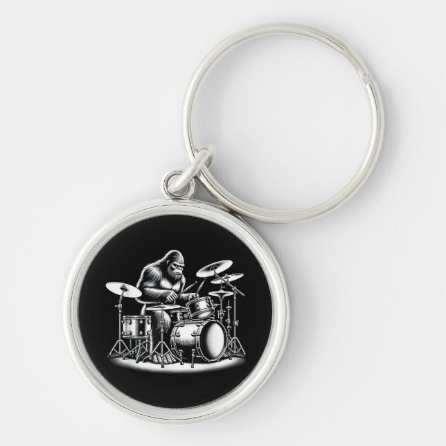 Bigfoot Drummer Sasquatch Playing Drums Musician B Keychain (Front)