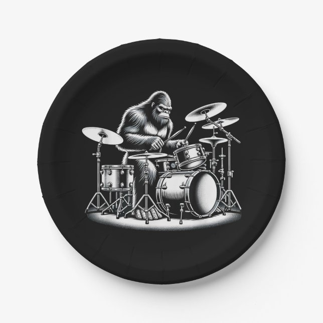 Bigfoot Drummer Sasquatch Playing Drums Musician B Paper Plates (Front)