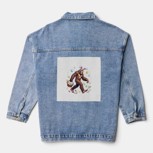 Bigfoot Easter Day Funny Sasquatch Cute Bunny East Denim Jacket (Back)