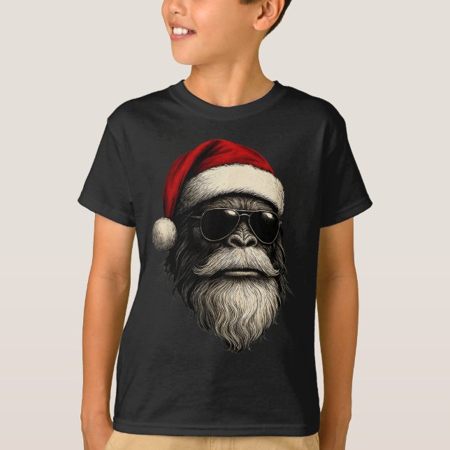 Bigfoot Face Sungles Santa Christmas Funny Xmas Sa T-Shirt (Front)
