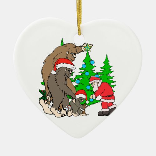 Bigfoot family  and Santa Ceramic Ornament