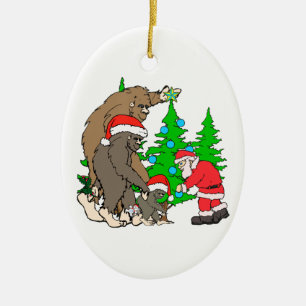 Bigfoot family and Santa Ceramic Ornament
