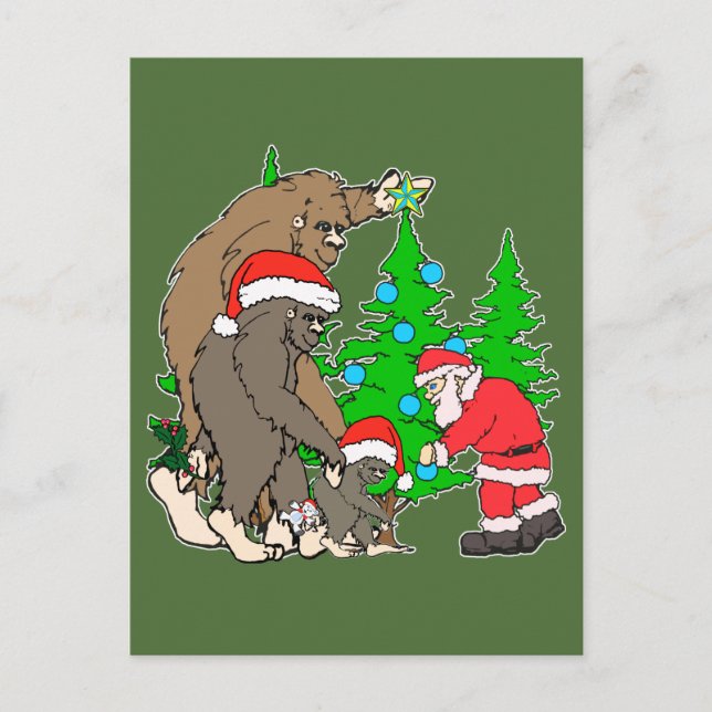 Bigfoot family  and Santa Holiday Postcard (Front)