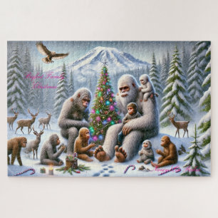 Bigfoot Family Christmas Mt Rainier Jigsaw Puzzle