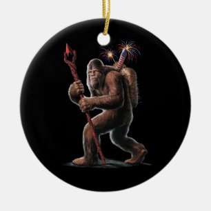 Bigfoot Fireworks 4th of July Usa Flag Sasquatch Ceramic Ornament