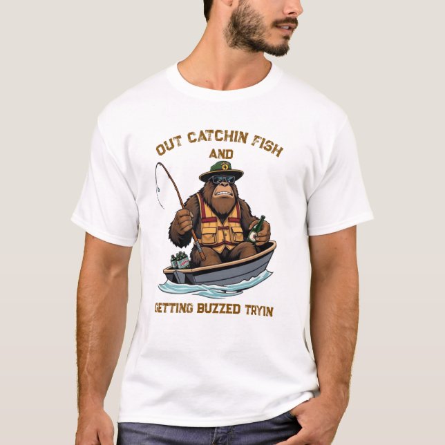 Bigfoot Fishing and Drinking T-Shirt (Front)