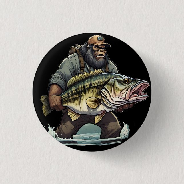 Bigfoot Fishing Bass Fish  Sasquatch Yeti in Lake  Button (Front)