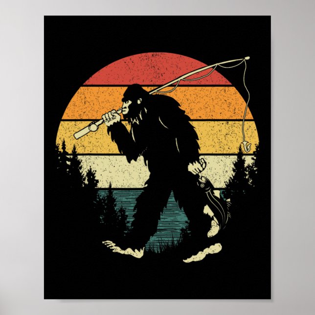 Bigfoot Fishing Funny Sasquatch Fish Sunset 80s By Poster (Front)
