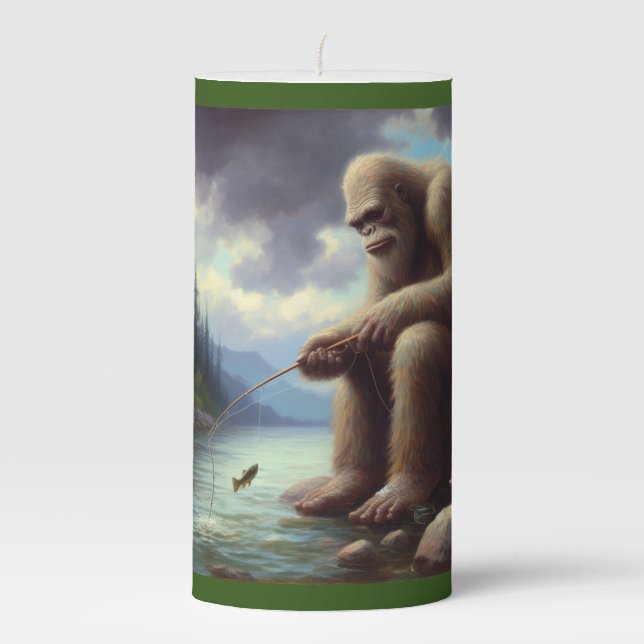 Bigfoot Fishing Pillar Candle (Front)
