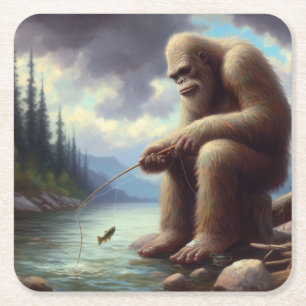 Bigfoot Fishing Square Paper Coaster