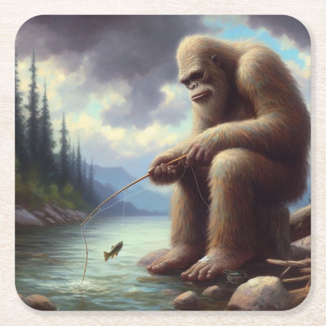 Bigfoot Fishing Square Paper Coaster (Front)