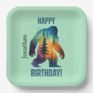 Bigfoot Forest Sunset Silhouette Happy Birthday  Paper Plates
