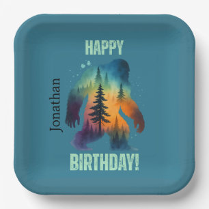 Bigfoot Forest Sunset Silhouette Happy Birthday Paper Plates