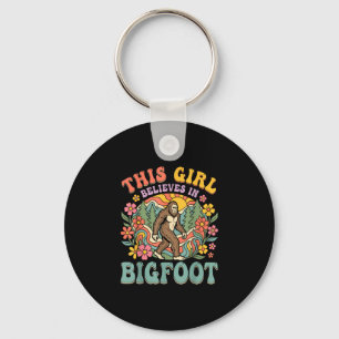 Bigfoot girl believes forest floral sunset keychain