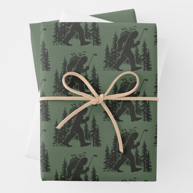 Bigfoot Golfer Tree Funny Sasquatch Golfing Golf Wrapping Paper Sheets (In situ)