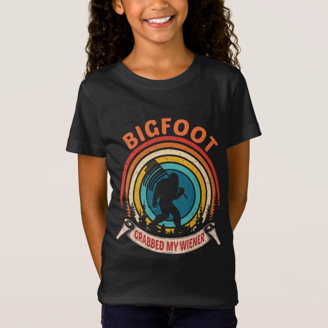 Bigfoot Grabbed My Wiener Retro Graphic USA flag T-Shirt (Front)