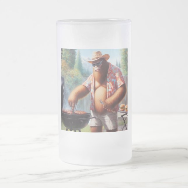 Bigfoot Grilling Burgers Frosted Glass Beer Mug (Center)