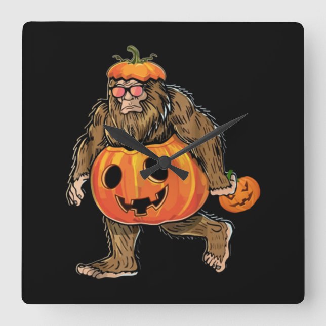 Bigfoot Halloween Pumpkin Halloween Square Wall Clock (Front)