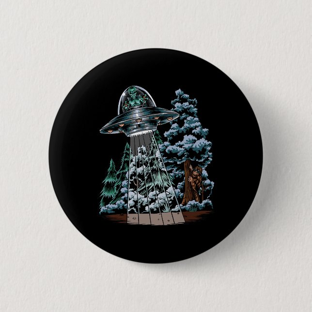 Bigfoot Hiding From Alien In A UFO Behind A Tree F Button (Front)