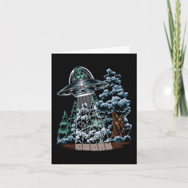 Bigfoot Hiding From Alien In A UFO Behind A Tree F Card (Front)