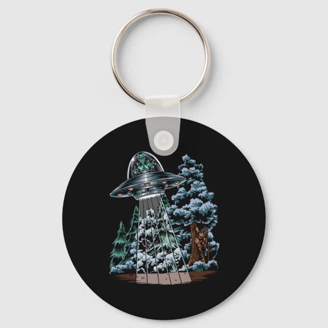 Bigfoot Hiding From Alien In A UFO Behind A Tree F Keychain (Front)
