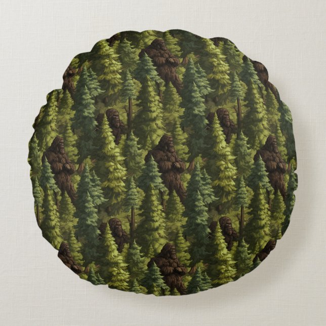 Bigfoot Hiding In A Pine Tree Forest Round Pillow (Front)