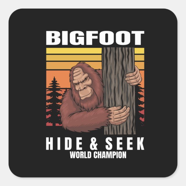bigfoot hiding in a tree retro square sticker (Front)