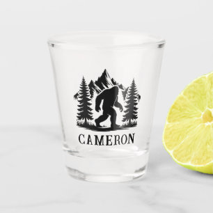 Bigfoot Hiker with Trees and Mountains Monogram Shot Glass