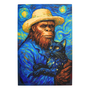 Bigfoot Holding Black Cat – Van Gogh Style Metal Print