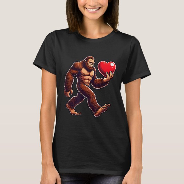 Bigfoot Holding Heart Valentines Day Funny Sasquat T-Shirt (Front)