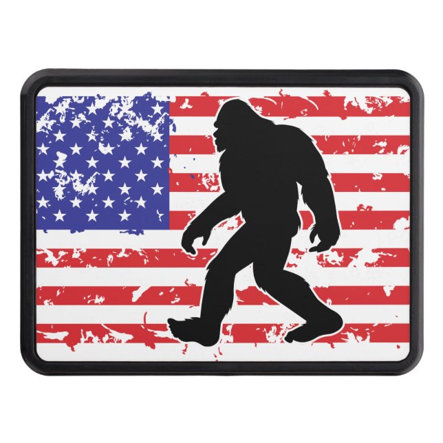 Bigfoot in an American Flag Hitch Cover (Front)